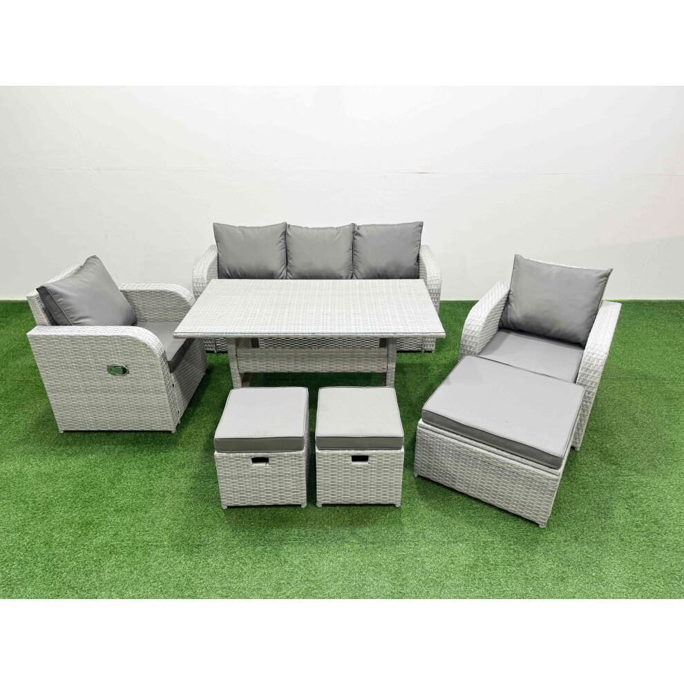 Fimous PE Rattan Garden Furniture Set Reclining Chair Sofa Lounge Sofa Set Rectangular Dining Table 3 Stools Light Grey