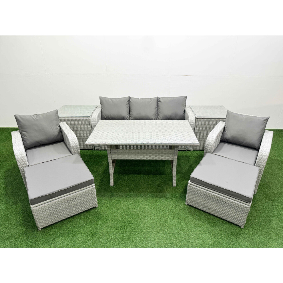 Fimous PE Rattan Garden Furniture Set Reclining Chair Sofa Lounge Sofa Set Rectangular Dining Table 2 Side Table 2 Big Footstool Light Grey