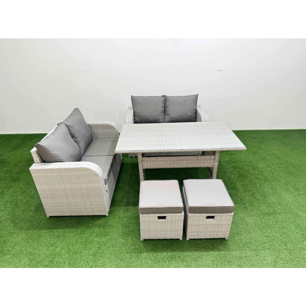 Fimous 6 Seater Outdoor Love Sofa Set Rattan Garden Furniture Set with Rectangular Dining Table 2 Small Stools Light Grey