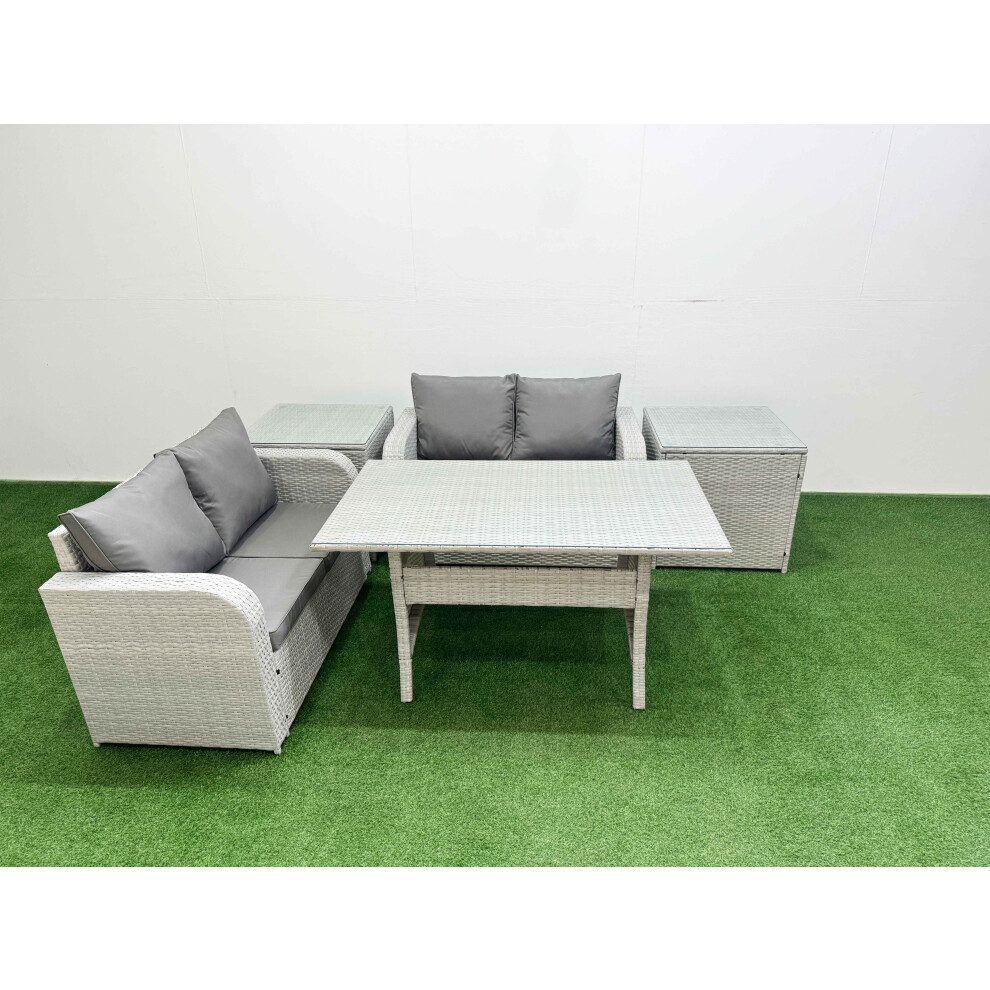 Fimous 4 Seater Outdoor Love Sofa Set Rattan Garden Furniture Set with Rectangular Dining Table 2 Side Tables Light Grey