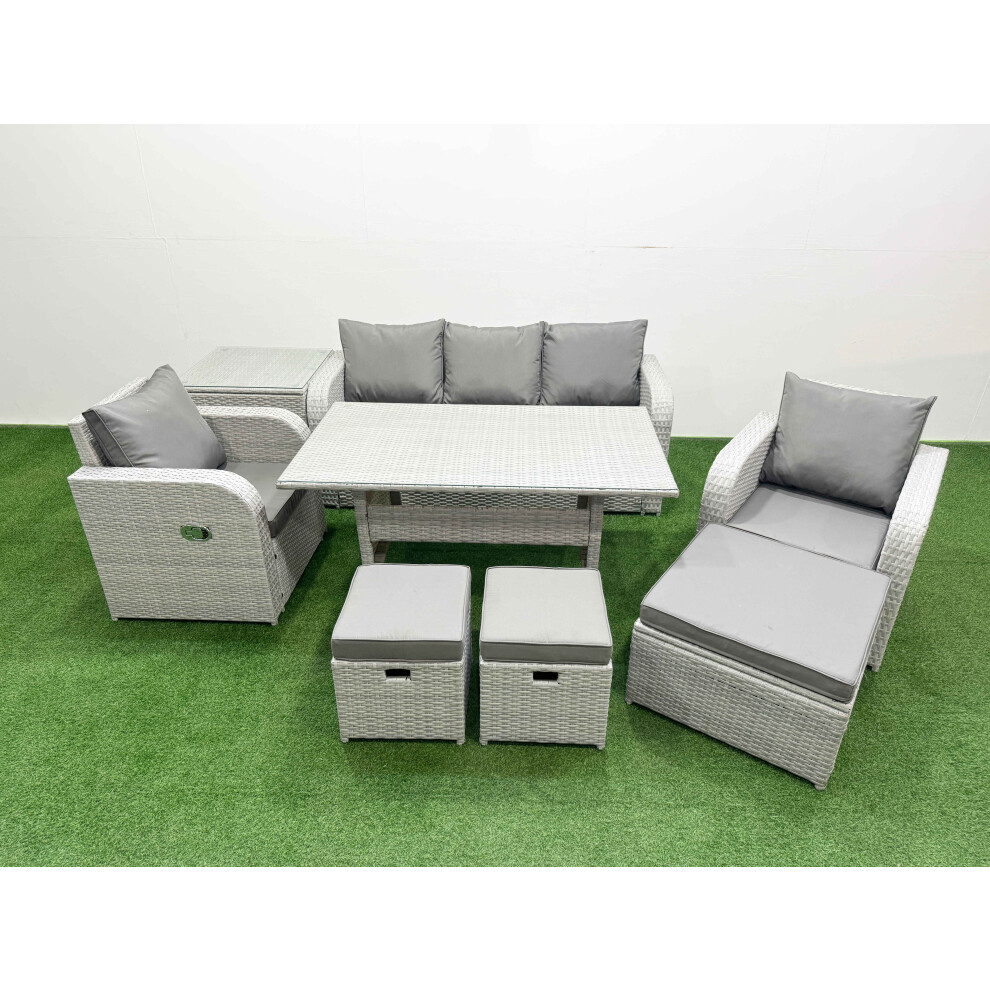 Fimous PE Rattan Garden Furniture Set Reclining Chair Sofa Lounge Sofa Set Rectangular Dining Table Side Table 3 Stools Light Grey