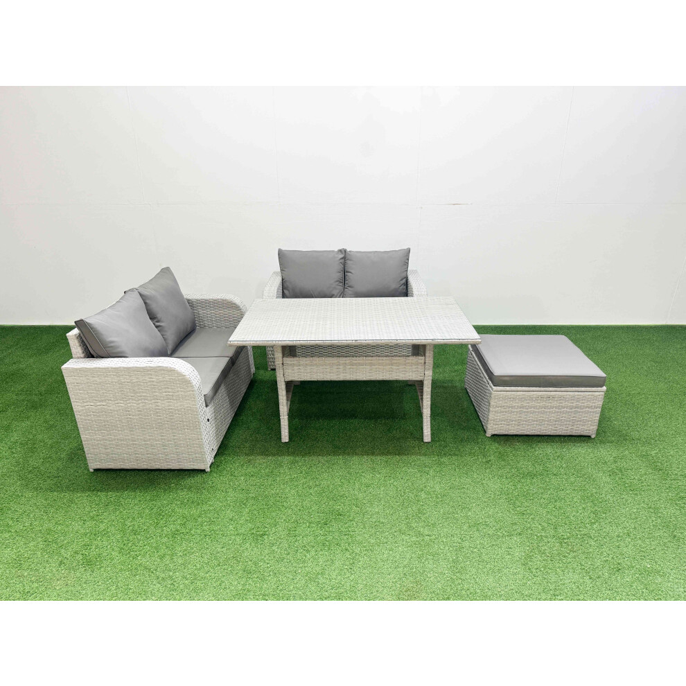 Fimous 5 Seater Outdoor Love Sofa Set Rattan Garden Furniture Set with Rectangular Dining Table Big Footstool Light Grey