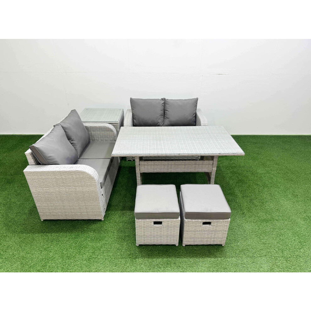 Fimous 6 Seater Outdoor Love Sofa Set Rattan Garden Furniture Set with Rectangular Dining Table 2 Small Stools Side Table Light Grey
