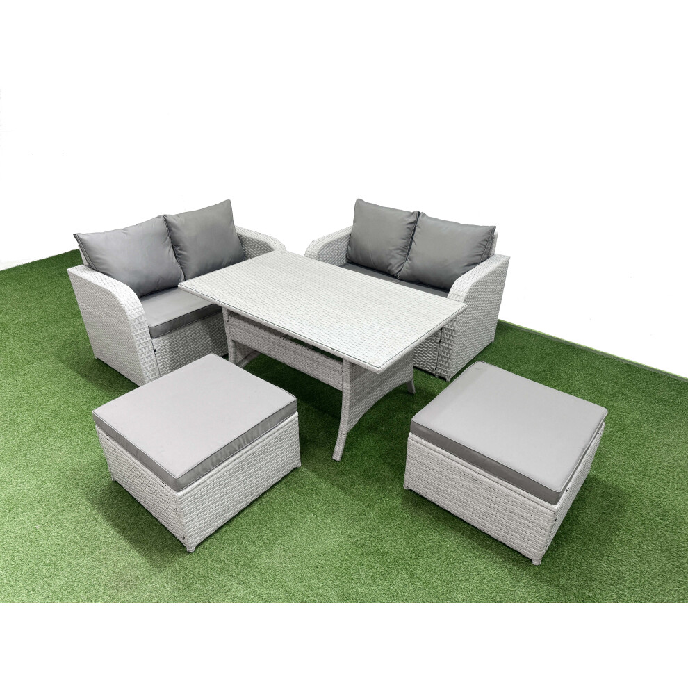 Fimous 6 Seater Outdoor Love Sofa Set Rattan Garden Furniture Set with Rectangular Dining Table 2 Footstool Light Grey