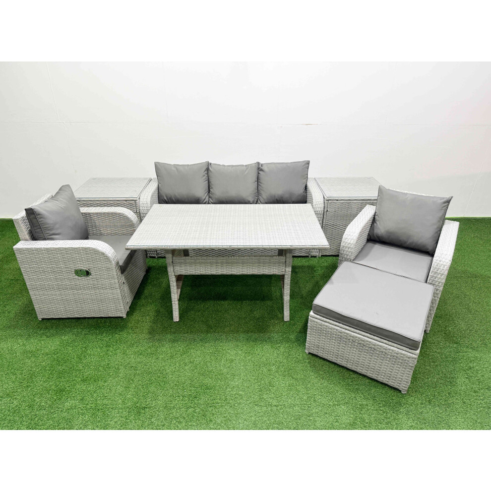 Fimous PE Rattan Garden Furniture Set Reclining Chair Sofa Lounge Sofa Set Rectangular Dining Table 2 Side Table Big Footstool Light Grey