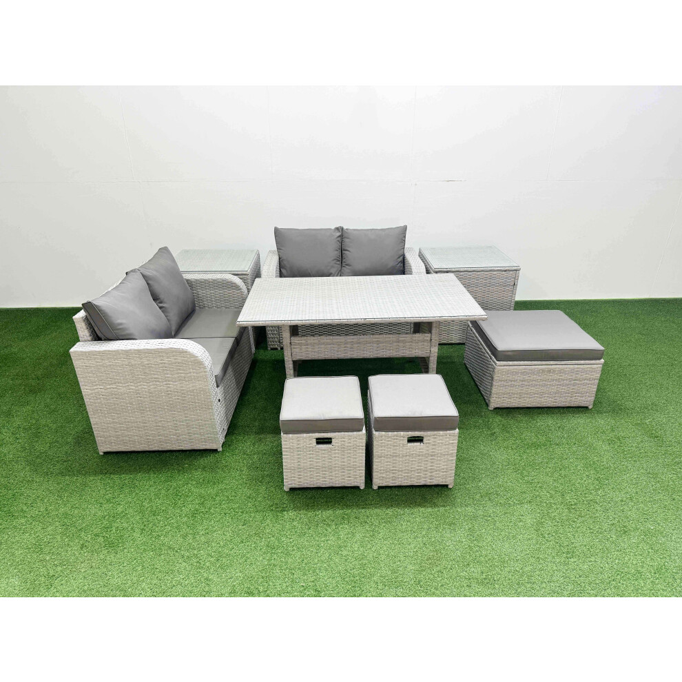 Fimous 7 Seater Outdoor Love Sofa Set Rattan Garden Furniture Set with Rectangular Dining Table 3 Footstool 2 Side Tables Light Grey