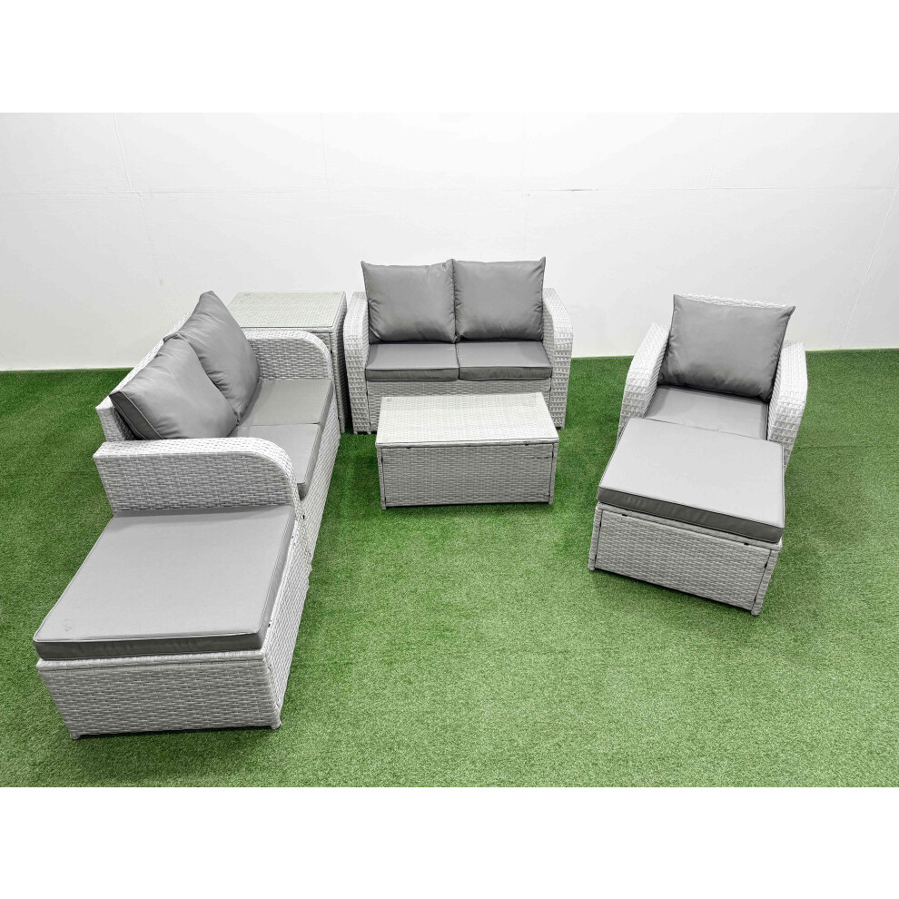 Fimous High Back Poly Rattan Garden Furniture Set with Rectangular Coffee Table Indoor Outdoor Patio  Set 2 Big Stool Side Table Light Grey