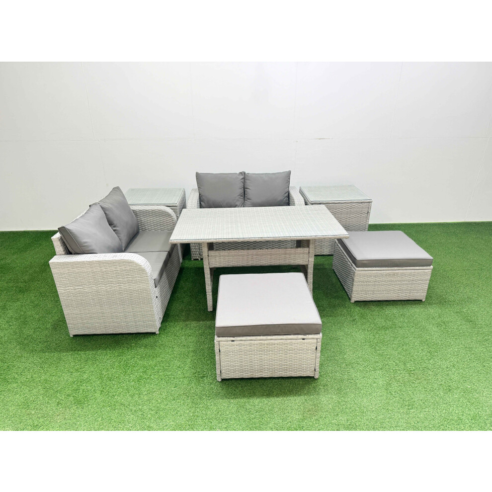 Fimous 6 Seater Outdoor Love Sofa Set Rattan Garden Furniture Set with Rectangular Dining Table 2 Footstool 2 Side Tables Light Grey