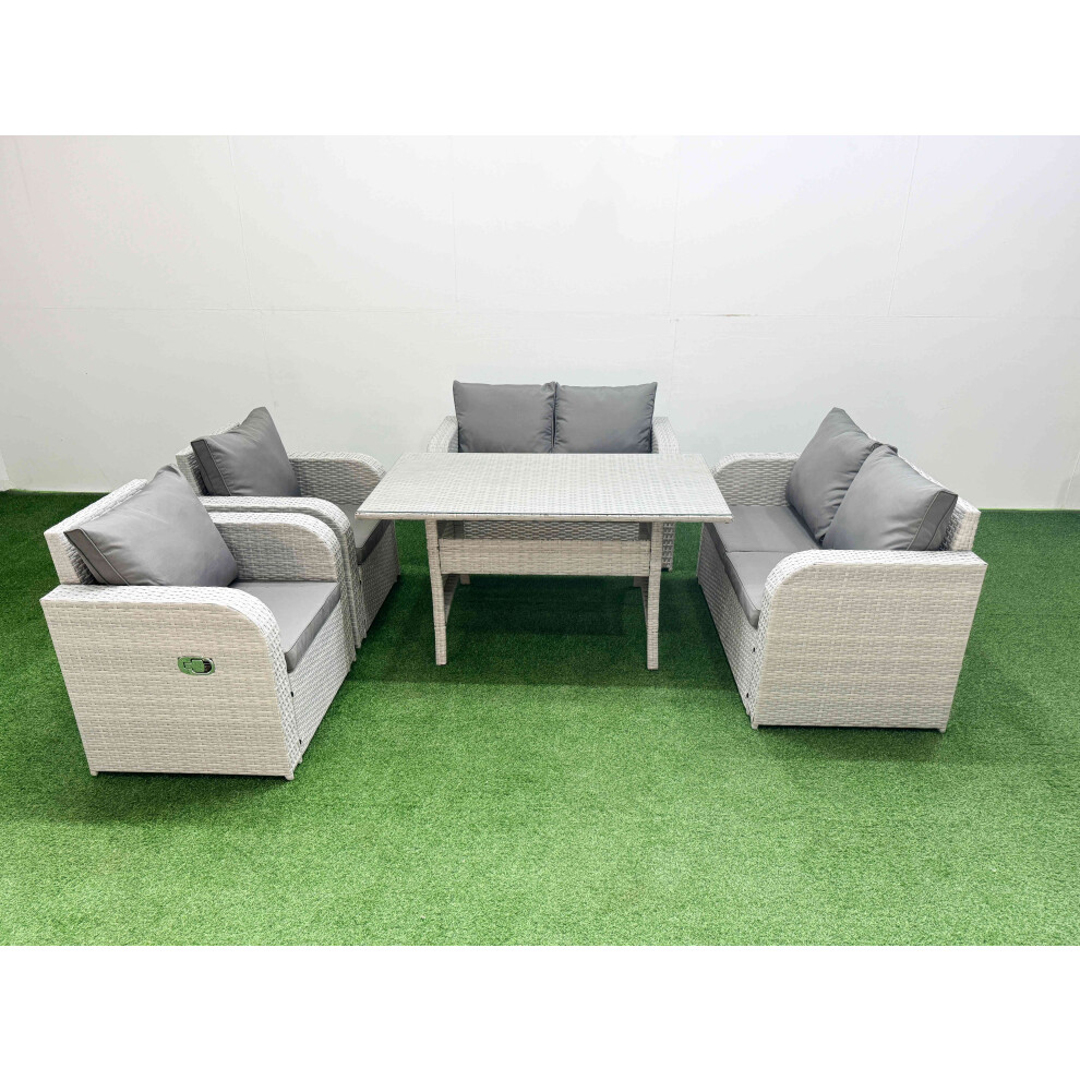 Fimous 6 Seater Outdoor Reclining Chair Love Sofa Set Rattan Garden Furniture Set with Rectangular Dining Table Light Grey