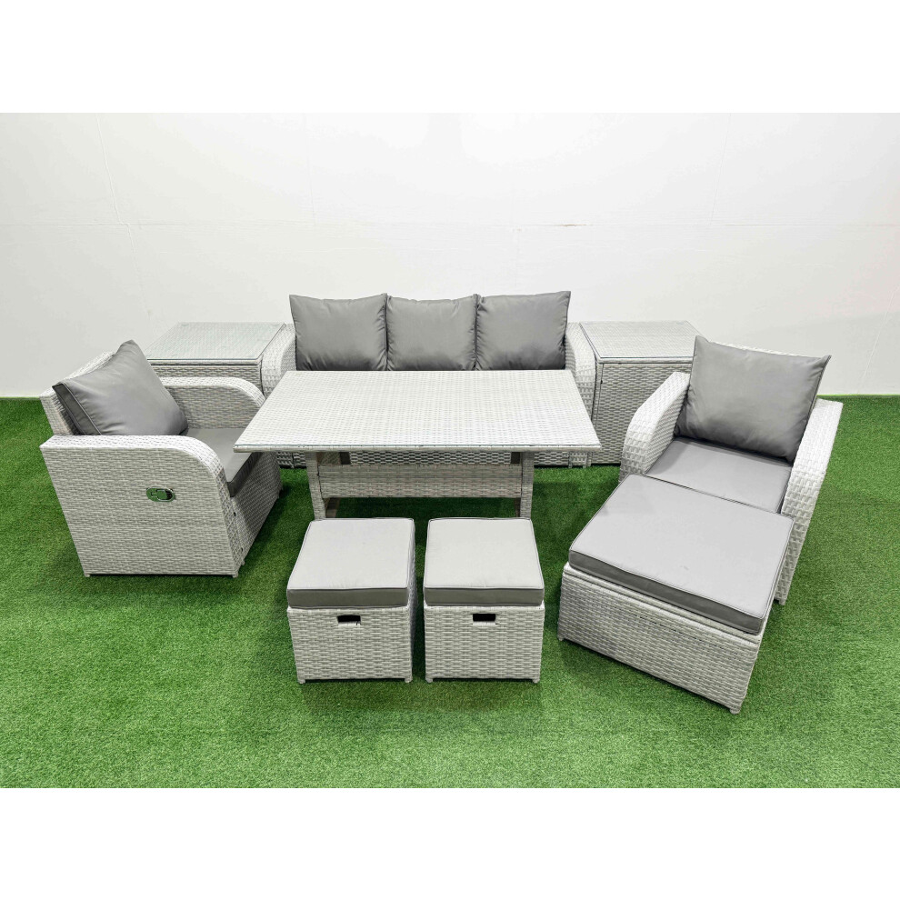 Fimous PE Rattan Garden Furniture Set Reclining Chair Sofa Lounge Sofa Set Rectangular Dining Table 2 Side Table 3 Stools Light Grey