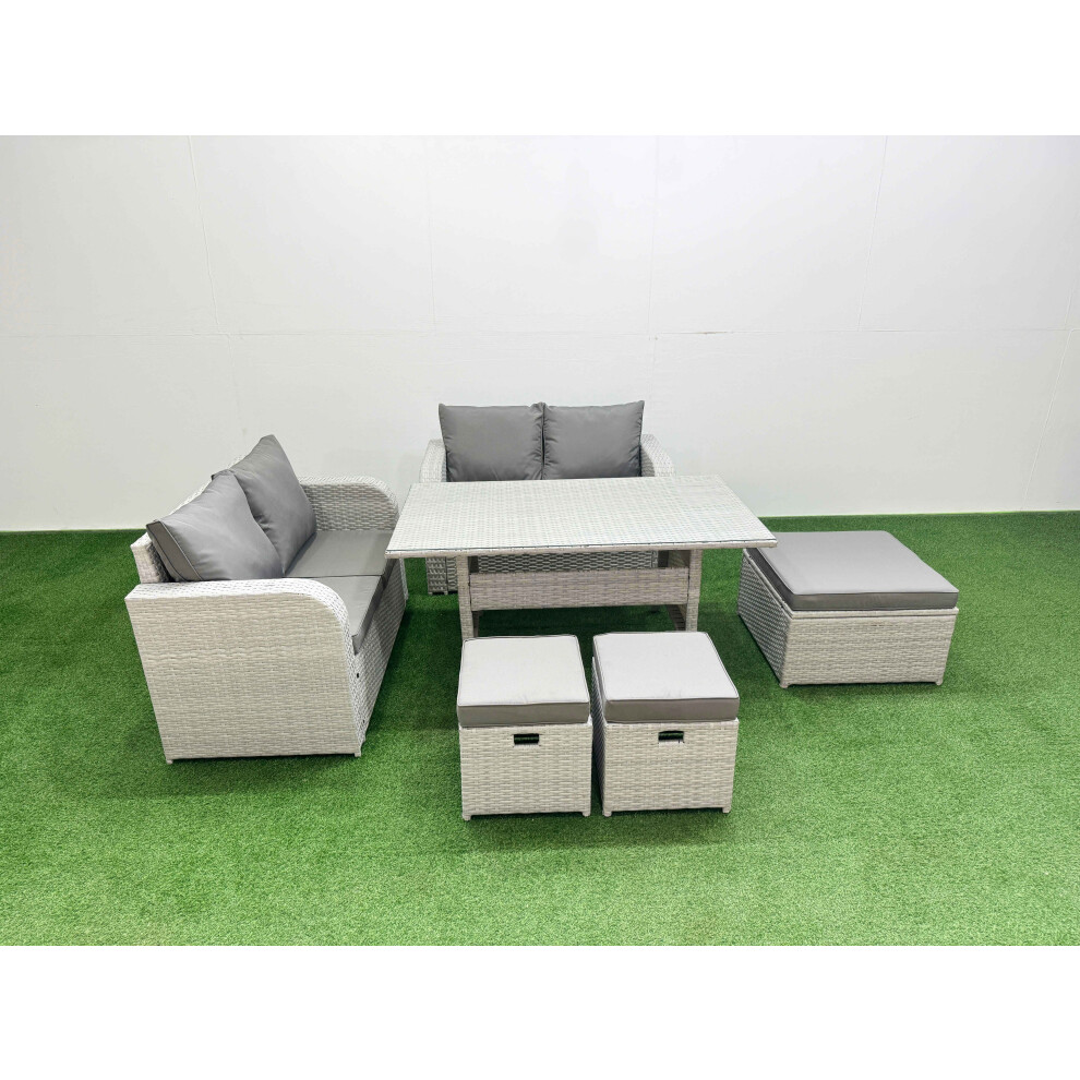 Fimous 7 Seater Outdoor Love Sofa Set Rattan Garden Furniture Set with Rectangular Dining Table 3 Footstool Light Grey