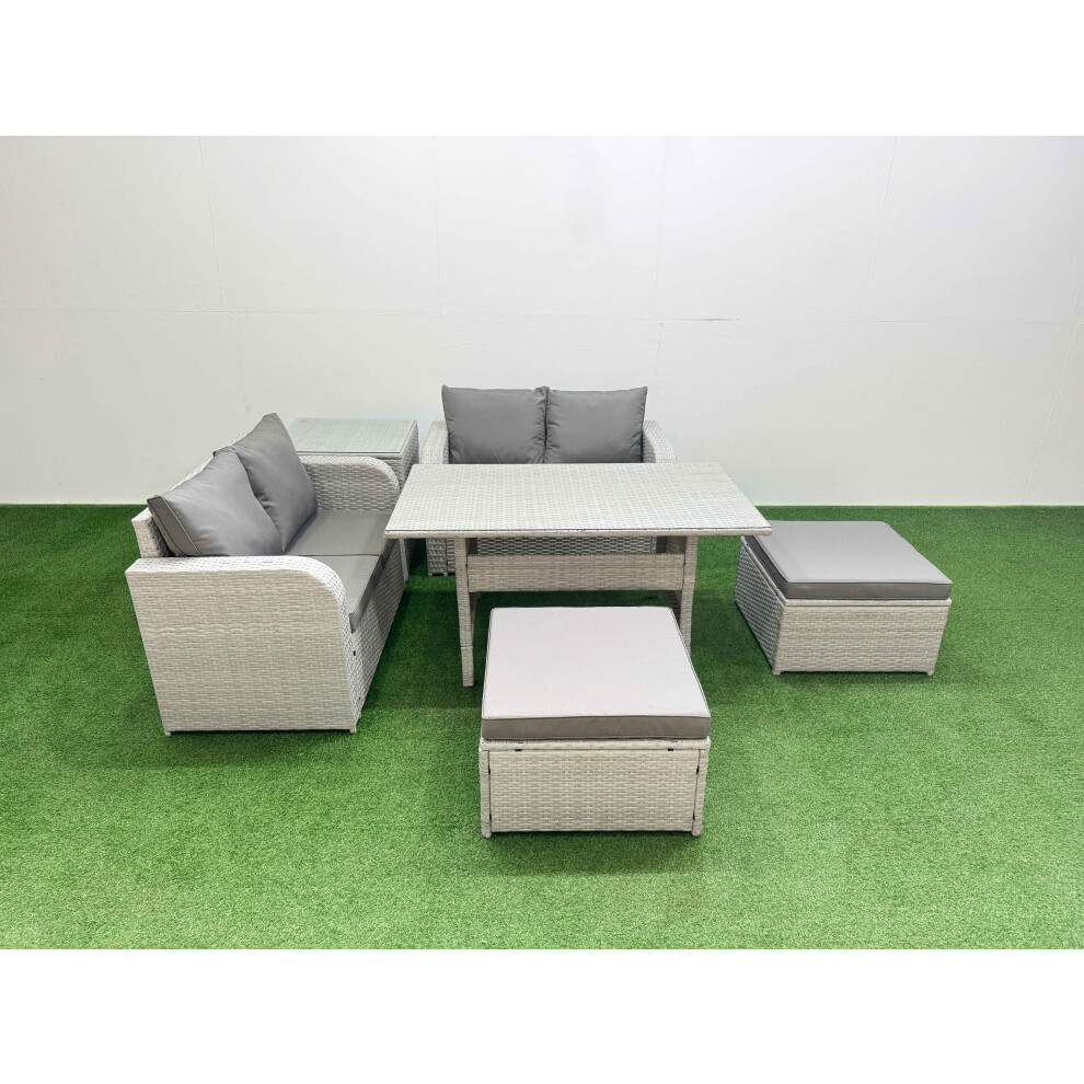 Fimous 6 Seater Outdoor Love Sofa Set Rattan Garden Furniture Set with Rectangular Dining Table 2 Footstool Side Table Light Grey