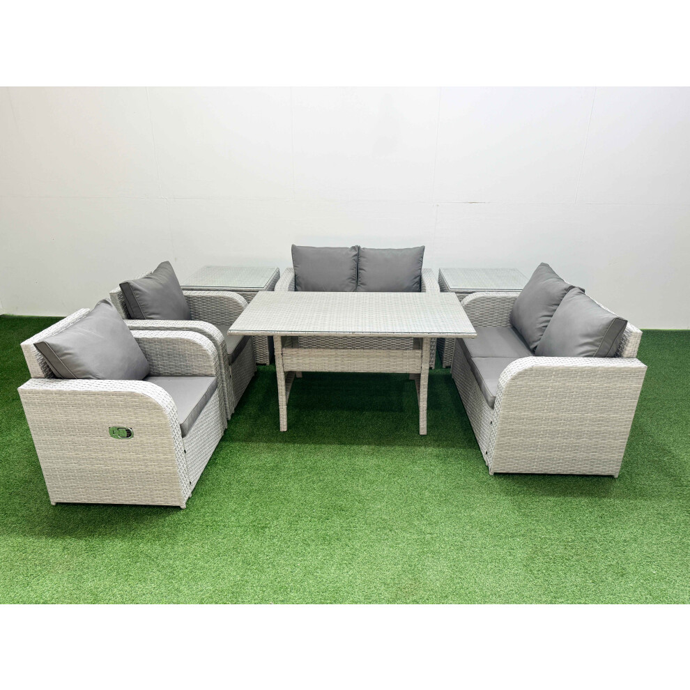 Fimous Unisex Light Grey Seater Outdoor Reclining Chair Love Sofa Set Rattan Garden Furniture Set With Rectangular Dining Table 2 Side Tables Size 6 - Image 2