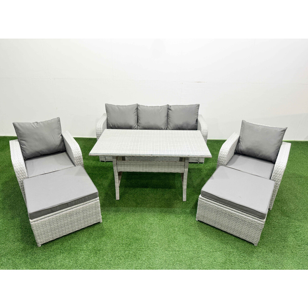 Fimous PE Rattan Garden Furniture Set Reclining Chair Sofa Lounge Sofa Set Rectangular Dining Table 2 Big Footstool Light Grey