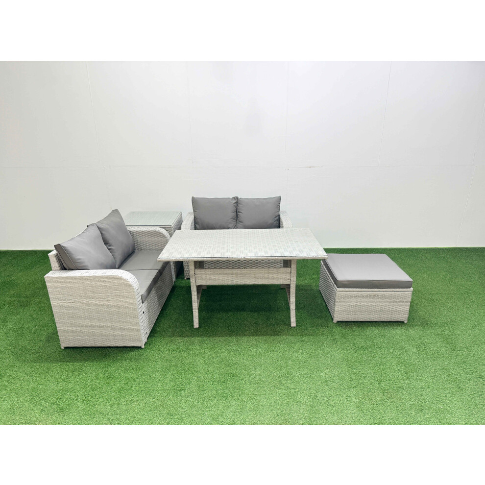 Fimous 5 Seater Outdoor Love Sofa Set Rattan Garden Furniture Set with Rectangular Dining Table Big Footstool Side Table Light Grey