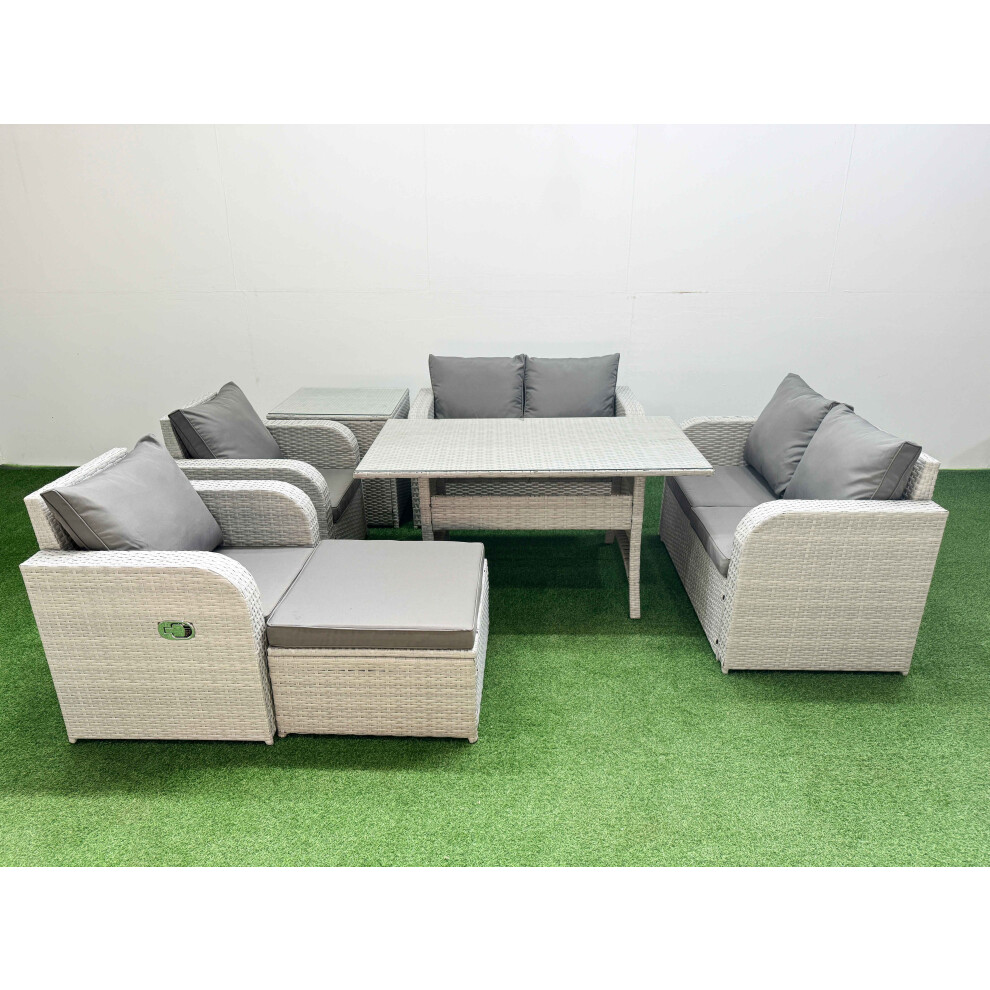 Rackhams Light/Grey 7 Seater Outdoor Reclining Chair Love Sofa Set Rattan Garden Furniture Set With Rectangular Dining Table Footstool Side Table - Image 2