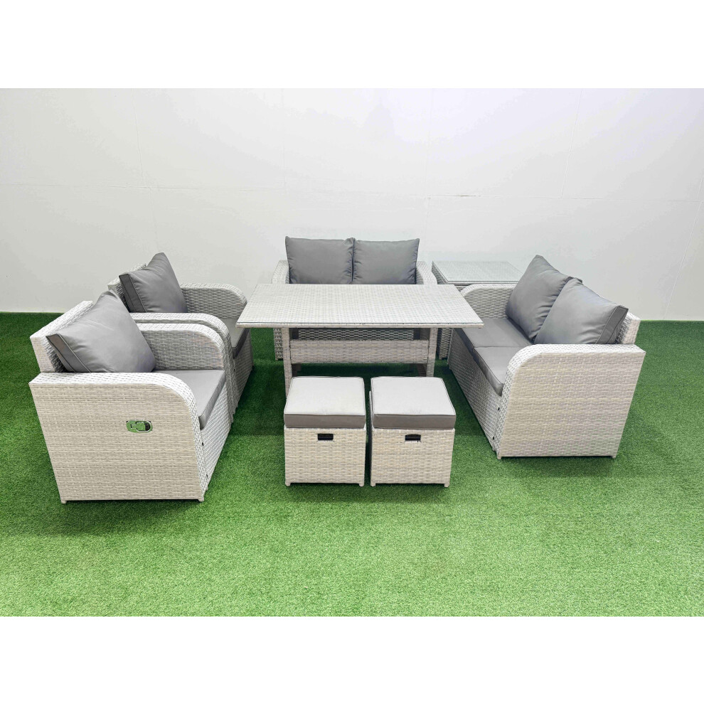 Fimous 8 Seater Outdoor Reclining Chair Love Sofa Set Rattan Garden Furniture Set with2 Stools Side Table Light Grey