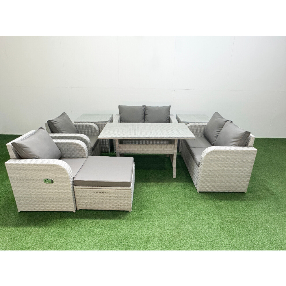 Fimous 7 Seater Outdoor Reclining Chair Love Sofa Set Rattan Garden Furniture Set withFootstool 2 Side Tables Light Grey