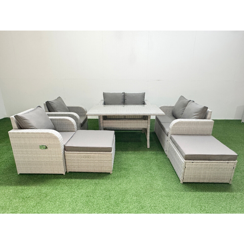 Fimous 8 Seater Outdoor Reclining Chair Love Sofa Set Rattan Garden Furniture Set With2 Big Footstools Light Grey