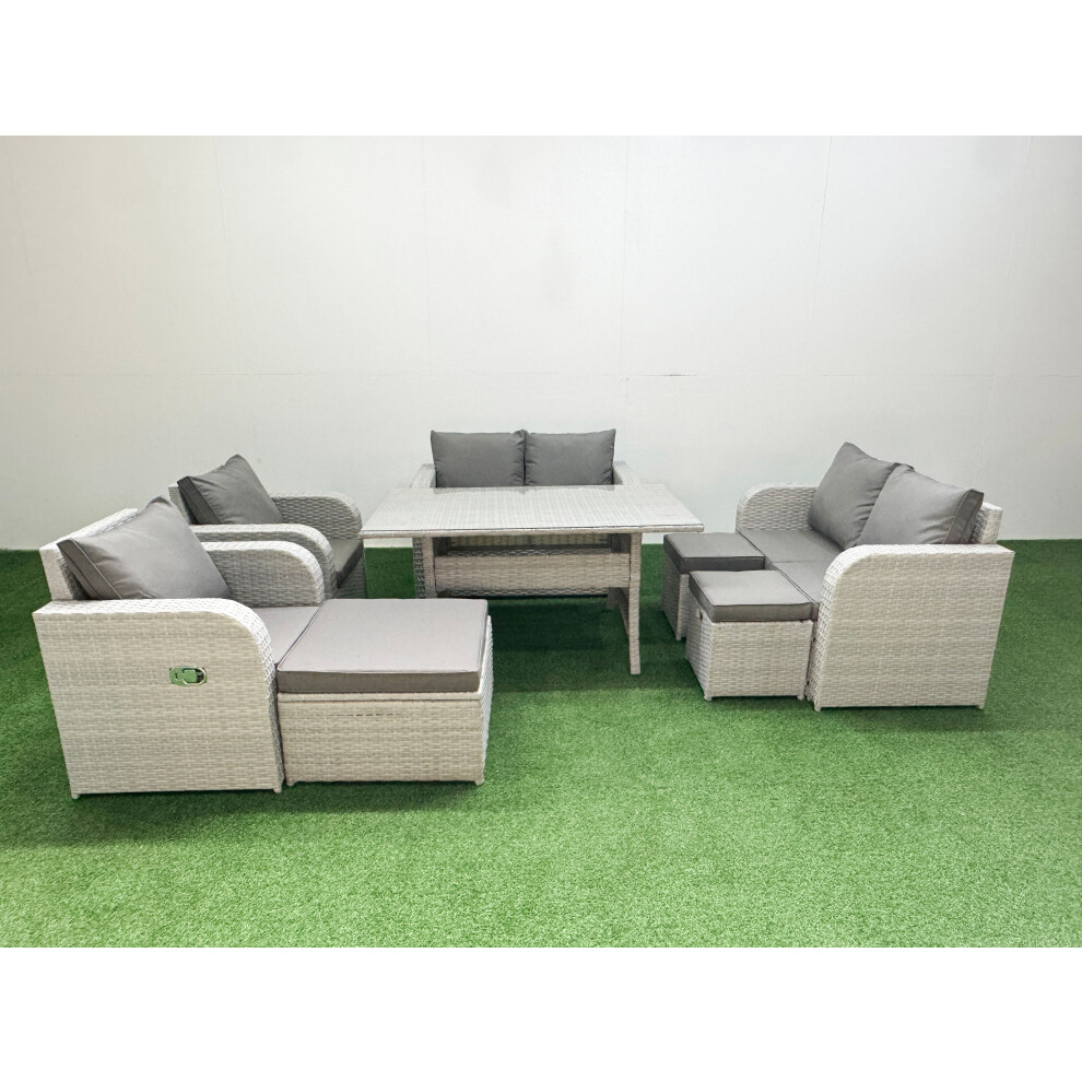 Fimous 9 Seater Outdoor Reclining Chair Love Sofa Set Rattan Garden Furniture Set with3 Stools Light Grey