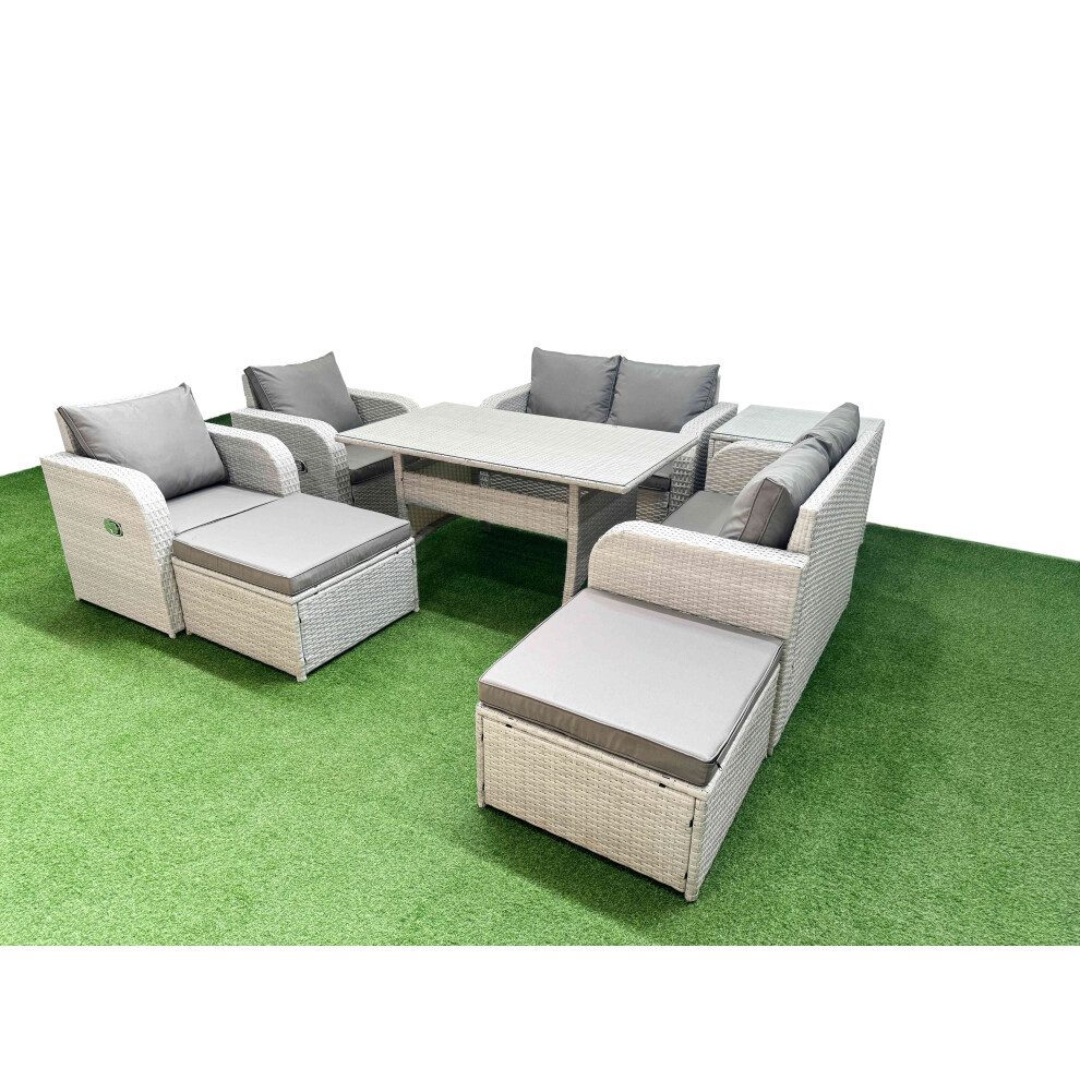 Fimous 8 Seater Outdoor Reclining Chair Love Sofa Set Rattan Garden Furniture Set with2 Big FootStools  Side Table Light Grey