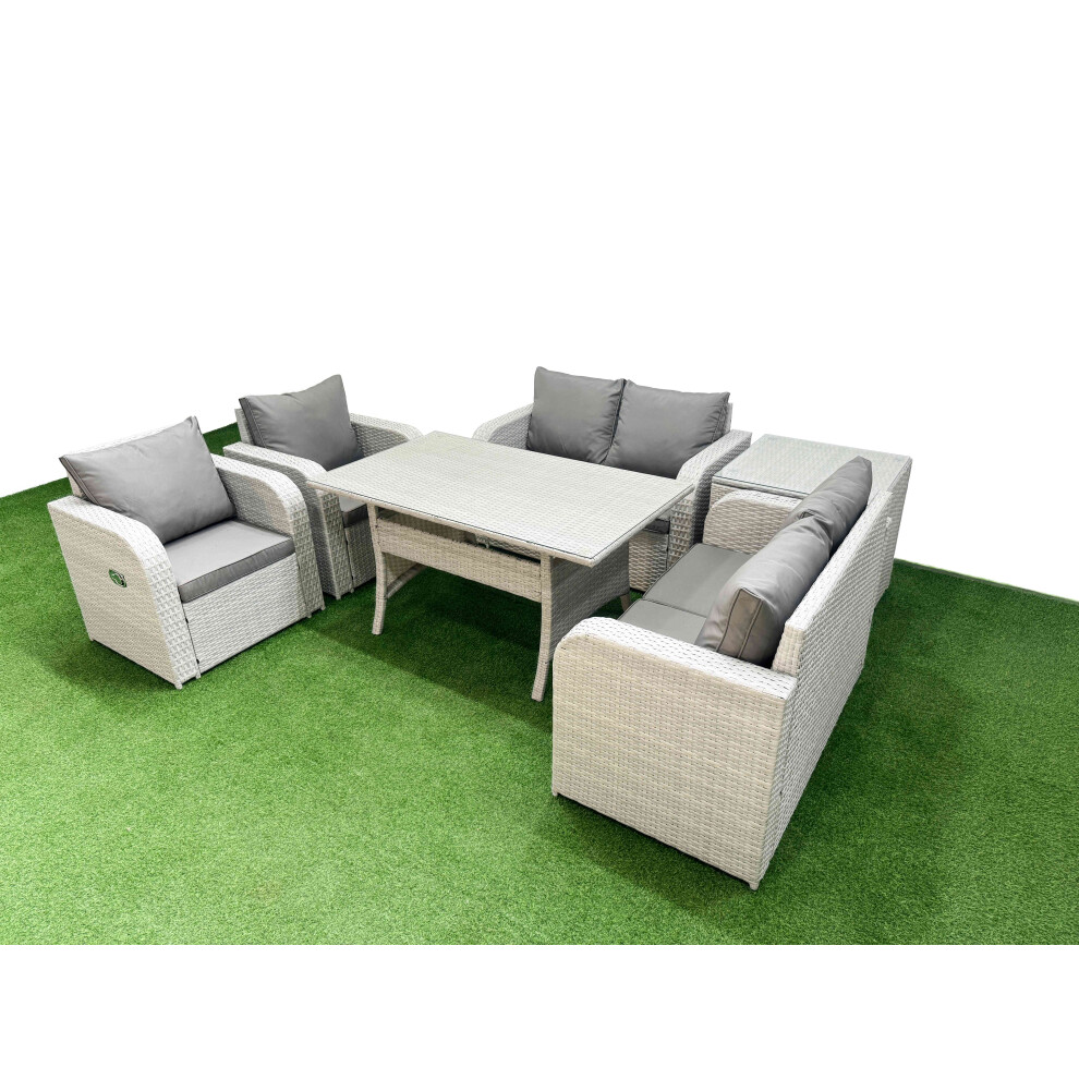 Rackhams Light/Grey 6 Seater Outdoor Reclining Chair Love Sofa Set Rattan Garden Furniture Set With Rectangular Dining Table Side Table - Image 2