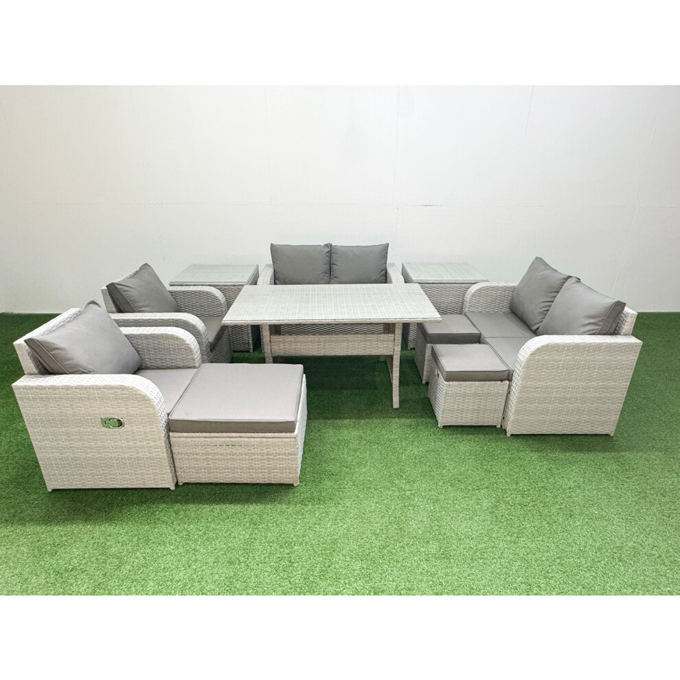 Fimous 9 Seater Outdoor Reclining Chair Love Sofa Set Rattan Garden Furniture Set with3 Stools 2 Side Table Light Grey