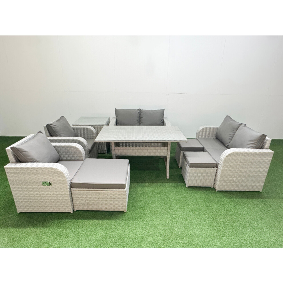 Fimous 9 Seater Outdoor Reclining Chair Love Sofa Set Rattan Garden Furniture Set with3 Stools Side Table Light Grey