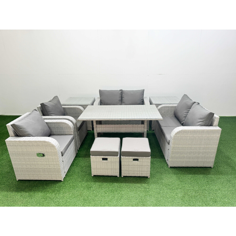Fimous Light/Grey 8 Seater Outdoor Reclining Chair Love Sofa Set Rattan Garden Furniture Set With Rectangular Dining Table 2 Stools 2 Side Table - Image 2