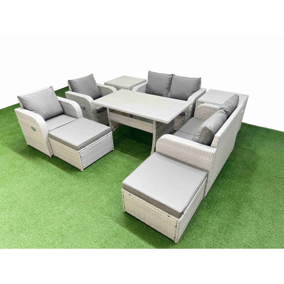 Fimous 8 Seater Outdoor Reclining Chair Love Sofa Set Rattan Garden Furniture Set With2 Big Footstools 2 Side Table Light Grey