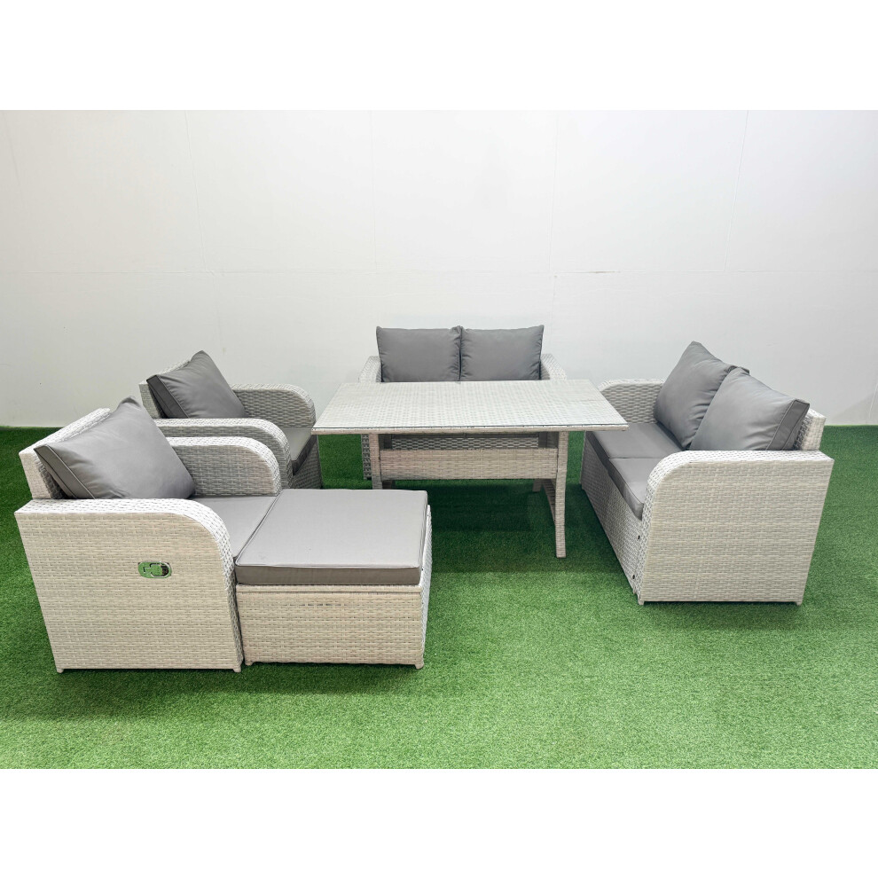 Fimous 7 Seater Outdoor Reclining Chair Love Sofa Set Rattan Garden Furniture Set withFootstool Light Grey