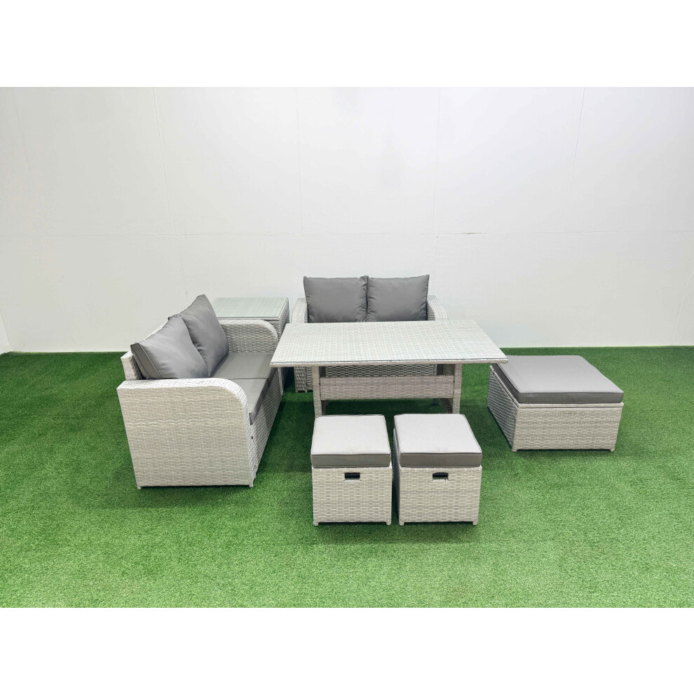 Fimous 7 Seater Outdoor Love Sofa Set Rattan Garden Furniture Set with Rectangular Dining Table 3 Footstool Side Table Light Grey