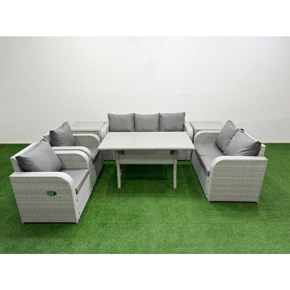 Fimous PE Rattan Garden Furniture Set Reclining Chair Sofa Double Love Seat 2 Seater Sofa Lounge Set 2 Side Table Light Grey