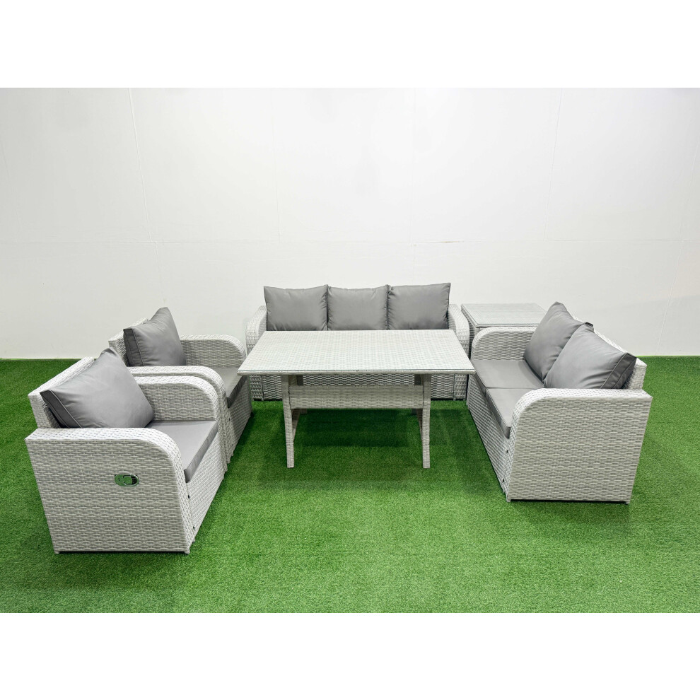 Fimous PE Rattan Garden Furniture Set Reclining Chair Sofa Double Love Seat 2 Seater Sofa Lounge Set Side Table Light Grey