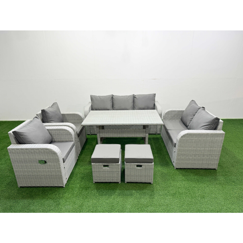 Fimous Light/Grey Pe Rattan Garden Furniture Set Reclining Chair Sofa Double Love Seat 2 Seater Sofa Lounge Set Rectangular Dining Table 2 Stools - Image 2