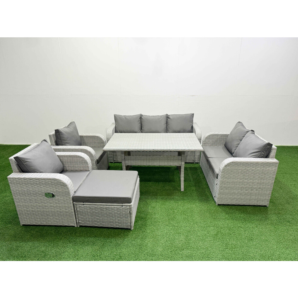 Fimous PE Rattan Garden Furniture Set Reclining Chair Sofa Double Love Seat 2 Seater Sofa Lounge Set Big Footstool Light Grey