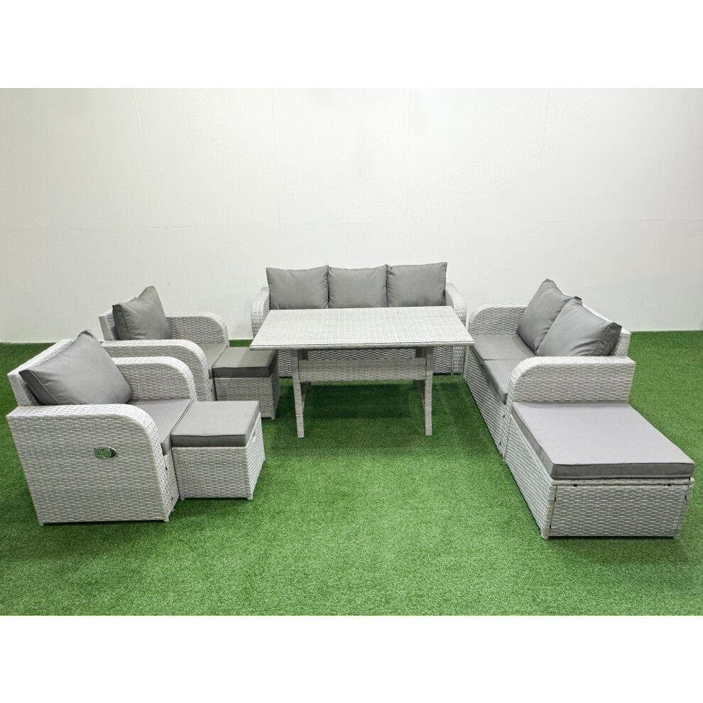 Fimous PE Rattan Garden Furniture Set Reclining Chair Sofa Double Love Seat 2 Seater Sofa Lounge Set 3 Stools Light Grey