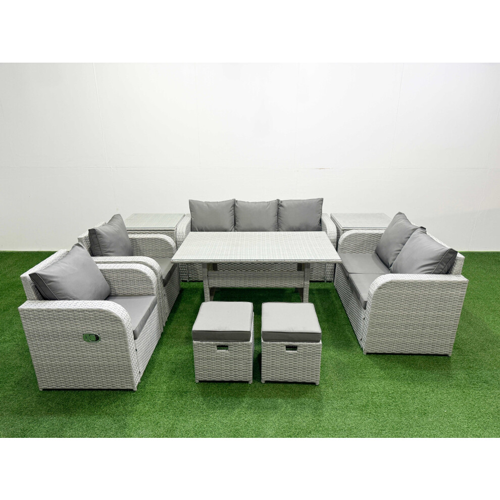 Fimous Pe Rattan Garden Furniture Set Reclining Chair Sofa Double Love Seat 2 Seater Sofa Lounge Set 2 Stools 2 Side Table Light Grey