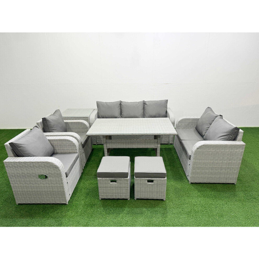 Fimous PE Rattan Garden Furniture Set Reclining Chair Sofa Double Love Seat 2 Seater Sofa Lounge Set 2 Stools Side Table Light Grey