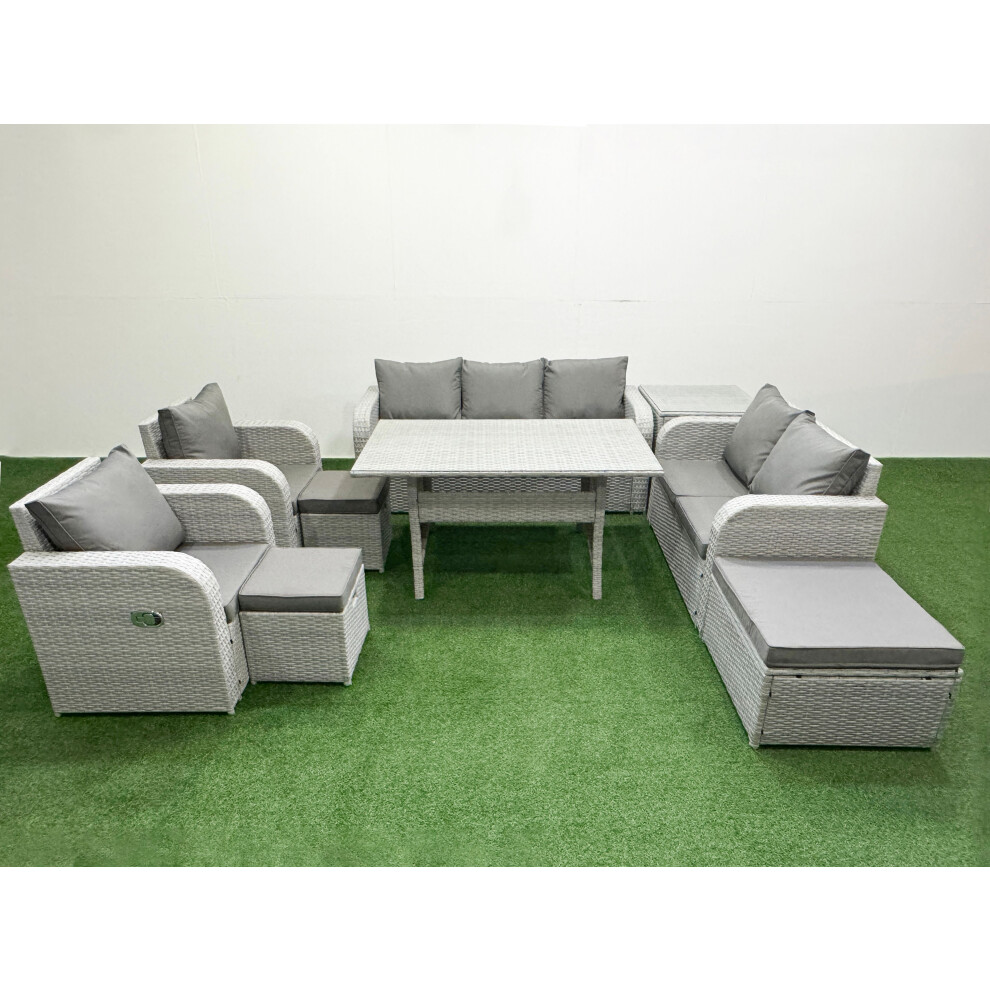 Fimous PE Rattan Garden Furniture Set Reclining Chair Sofa Double Love Seat 2 Seater Sofa Lounge Set 3 Stools Side Table Light Grey