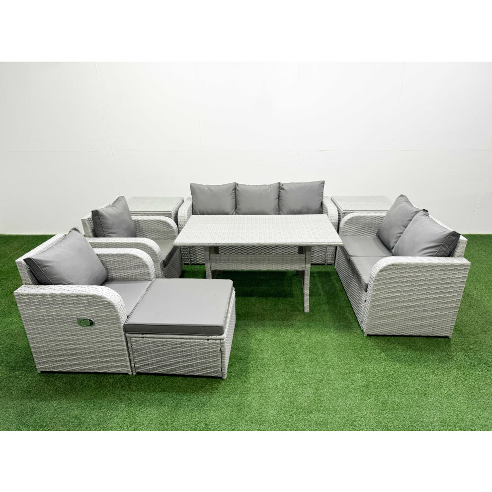 Fimous PE Rattan Garden Furniture Set Reclining Chair Sofa Double Love Seat 2 Seater Sofa Lounge Set Big Footstool 2 Side Table Light Grey