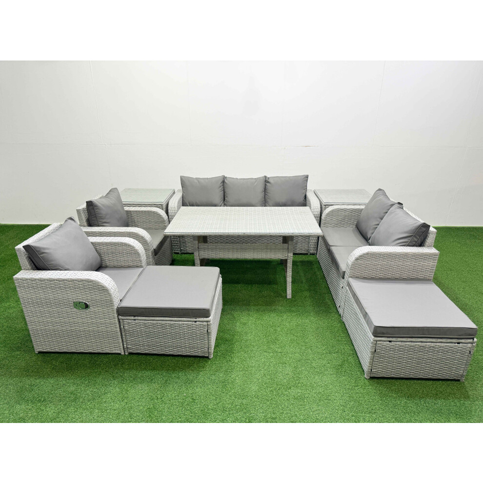 Fimous PE Rattan Garden Furniture Set Reclining Chair Sofa Double Love Seat 2 Seater Sofa Lounge Set 2 Big Footstool 2 Side Table Light Grey