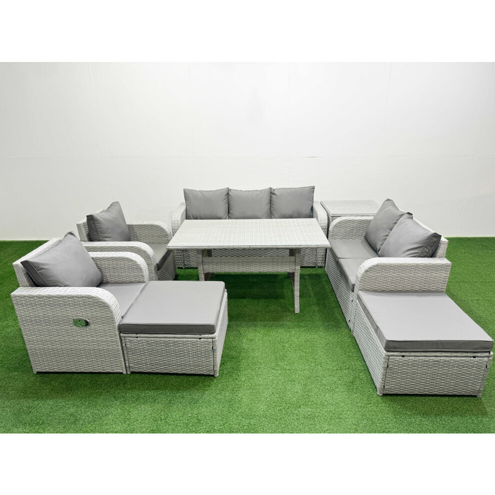 Fimous PE Rattan Garden Furniture Set Reclining Chair Sofa Double Love Seat 2 Seater Sofa Lounge Set 2 Big Footstool Side Table Light Grey