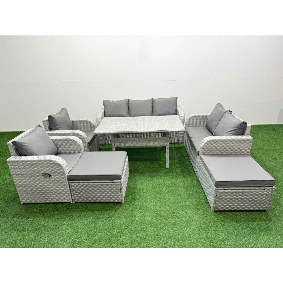 Fimous Unisex Light Grey Pe Rattan Garden Furniture Set Reclining Chair Sofa Double Love Seat Seater Sofa Lounge Set Rectangular Dining Table Big Footstool Light Size 2 - Image 2
