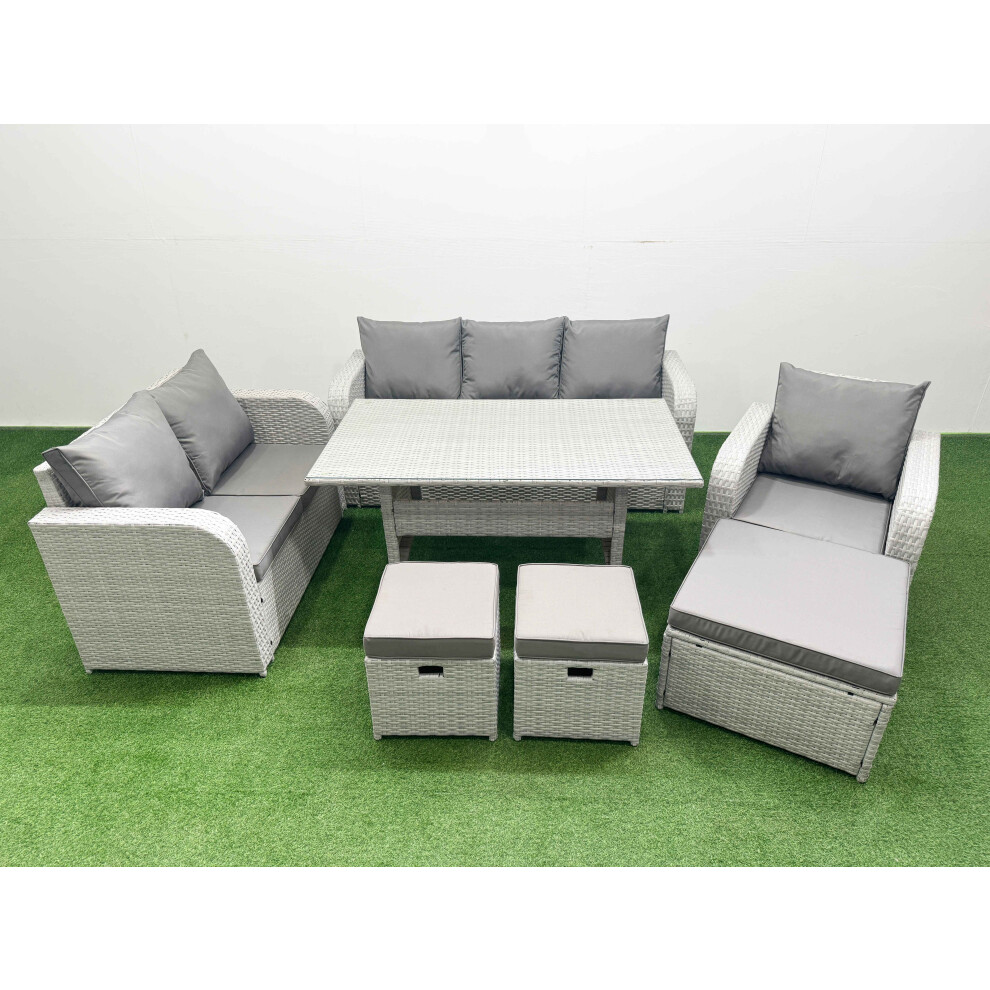 Fimous Patio PE Wicker 9 Seater Outdoor Rattan Furniture Sofa Sets with Reclining Chair Loveseat Sofa 3 Seater Sofa Stool Light Grey