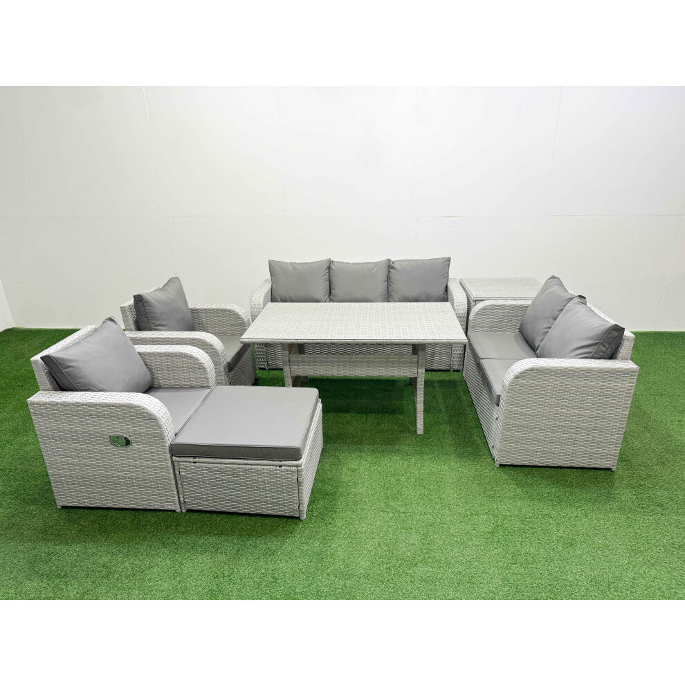 Fimous PE Rattan Garden Furniture Set Reclining Chair Sofa Double Love Seat 2 Seater Sofa Lounge Set Big Footstool Side Table Light Grey