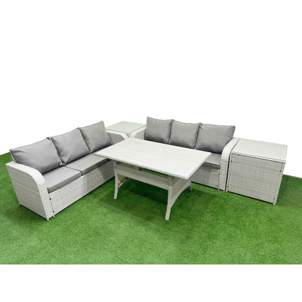 Fimous Outdoor Garden Furniture Sets 6 Seater Wicker Rattan Furniture Sofa Sets with 2 Side Table Light Grey