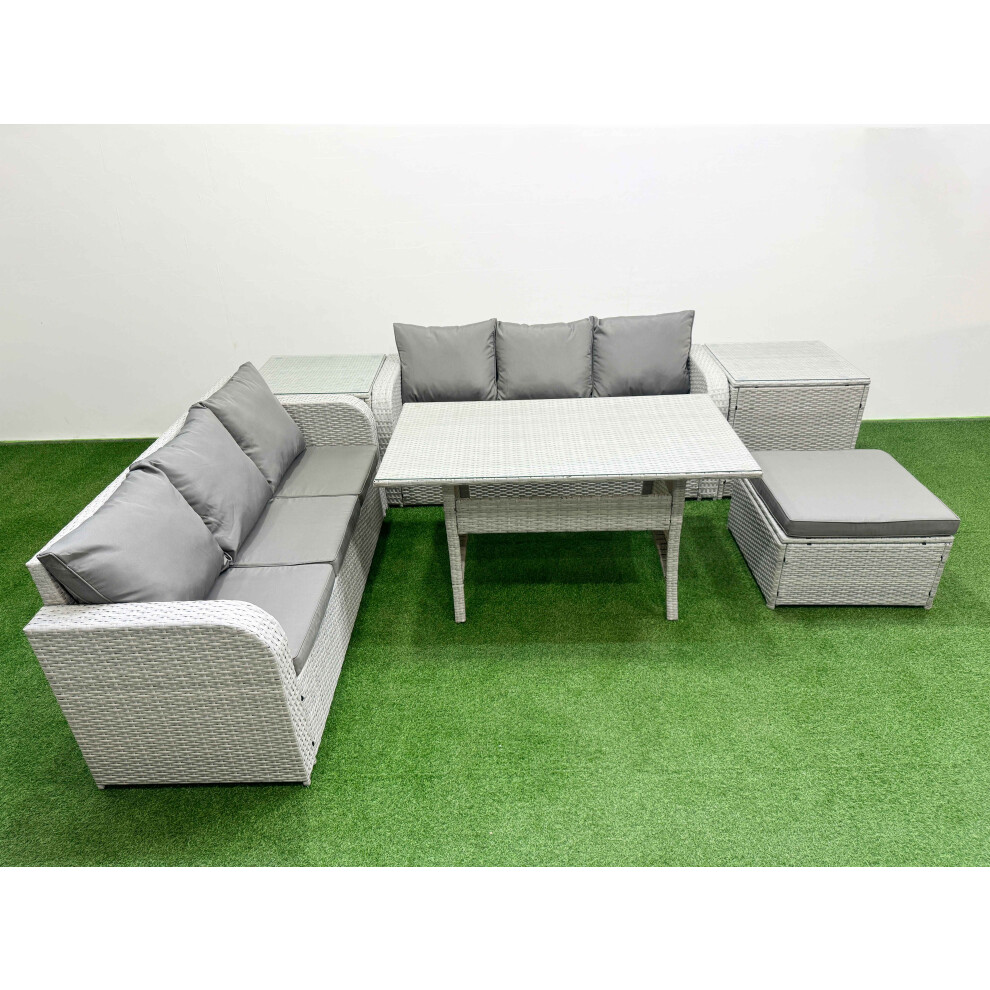 Fimous Outdoor Garden Furniture Sets 7 Seater Wicker Rattan Furniture Sofa Sets with Big Footstool 2 Side Table Light Grey