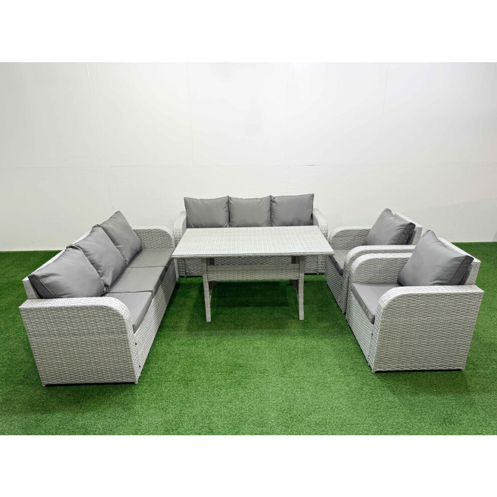 Fimous PE Rattan High Back Lounge Sofa Set Patio Rectangular Dining Table & Chairs Set with 3 Seater Sofa Light Grey