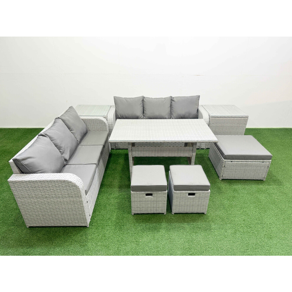 Fimous Outdoor Garden Furniture Sets 9 Seater Wicker Rattan Furniture Sofa Sets with 3 Stools 2 Side Table Light Grey